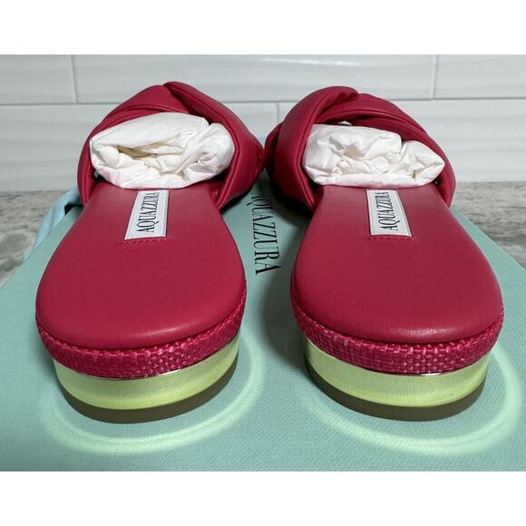 New Aquazzura Olie Pink Soft Leather Raffia Flat Slide on Sandals Size 35 - Picture 9 of 12
